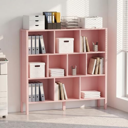 KIGOTY 10 Cube Modern Bookcase, 3-Tier Open Storage Organizer, Freestanding Bookshelf with Legs, Narrow Bookcase for Living Room, Bedroom & Office (Pink) - color: Pink