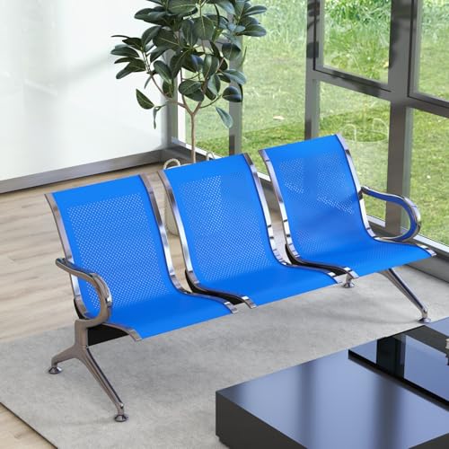 Kinsuite 3-Seat Reception Chairs - Waiting Room Chairs with Arms & Stainless Steel Frame, Waiting Room Bench Lobby Chairs for Office Airport Bank Hospital, Blue - color: Blue, size: 3-Seat