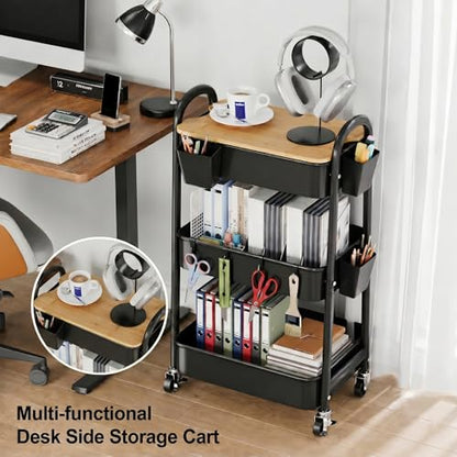 3 Tier Metal Heavy Duty Rolling Cart with Wheels & Wood Table Top, Black | Three-Tiered Organizer on Wheels, Storage Utility Cart for Craft, Art, Diaper Caddy, Baby Nursery, Office, Laundry,Snack,Book - color: Black