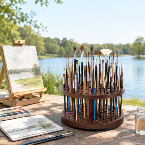 Solid Wood 360° Spinning Paint & Makeup Brush Organizer - color: brown（72 Holes）
