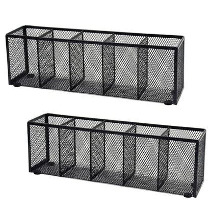 2PCS Black Mesh Pen Pencil Holder, Small Metal Desk Organizer Desktop Stationery Office Supplies Acessories Storage Stand, 5 Compartments Brushes Holder for Home School Classroom Teachers - size: 2pcs 5 Grids