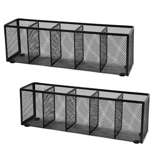 2PCS Black Mesh Pen Pencil Holder, Small Metal Desk Organizer Desktop Stationery Office Supplies Acessories Storage Stand, 5 Compartments Brushes Holder for Home School Classroom Teachers - size: 2pcs 5 Grids