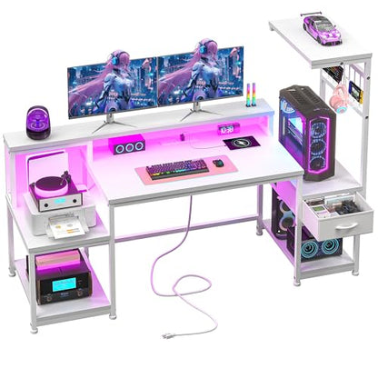 DurayLoly 55" Gaming Desk with,RGB LED,Headphone Hook Shelves for Bedroom - color: White, size: 19.6"Dx55"Wx51"H