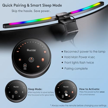Quntis Curved Monitor Light Bar 15 RGB Backlight for 34"+ Screens, Computer Bar Lights Foldable Dual Light with Color Temperature Brightness Stepless Dimming, No Glare Desk Lamp for Home Office Gaming
