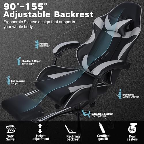 Gaming Chair with Footrest and Lumbar Support, Height Adjustable Chair with 360°Office Desk Chair,Heavy Duty 330lbs Computer Chair for Adults - color: Grey & Black