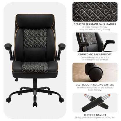 Leather Executive Office Chair, Computer Desk Chair with Lumbar Support, Comfortable Home Office Chairs 400lbs with Padded Flip-up Armrests, Height Adjustable, Tilting Function, Black - color: Black
