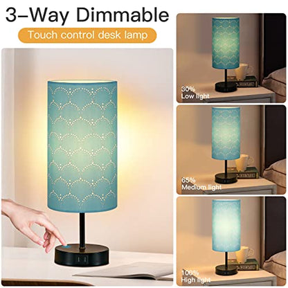 CINSARY Touch Control Bedside Lamp with 2 USB Ports, 3-Way Dimmable Table lamp for Bedroom, Nightstand Lamp with Round Blue Fabric Shade for Living Room Home Office (E26 LED Bulb Included) - color: Blue