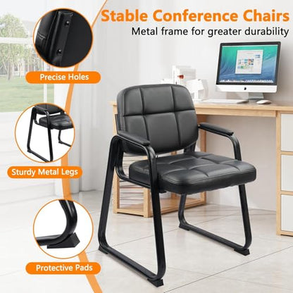 CLATINA Leather Guest Chairs Set of 6, Office Reception with Padded Arms, Desk Chair with Sled Base for Office Conference Waiting Room, Black - color: Black-sled Base, size: 6pack