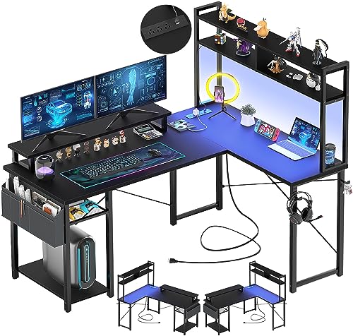 Aheaplus Small L Shaped Desk Gaming Desk with LED Lights & Power Outlets - color: Black
