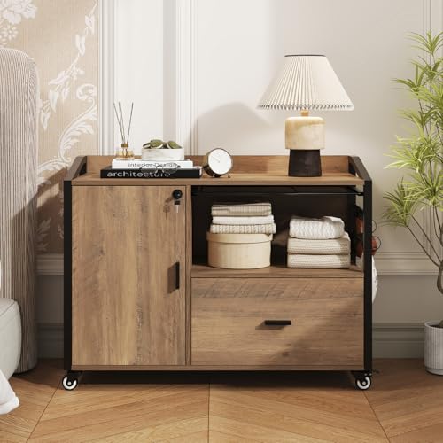 HSH Rolling File Cabinet with Lock, Mobile Lateral Filling Cabinet on Wheels, Wood Printer Stand with Storage Drawer, Modern File Cabinets Fits F4 Legal for Home Office, Rustic Oak, 33Inch - color: Rustic Oak