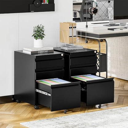 STANI 25" H 3 Drawer Mobile File Cabinet with Lock, Under Desk Metal Filing Cabinet, Locking Office Mobile Cabinet with Wheels, Letters/Legal/A4(Assembly Required Black) - color: Black, size: 3 Drawers-Assembly Required