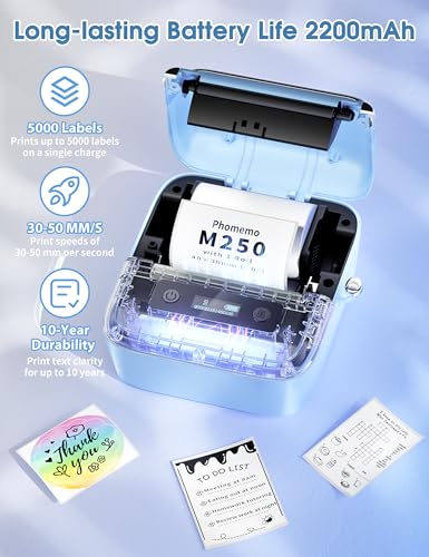 Phomemo M250 3" Label Maker, Thermal Barcode & Address Printer | Label Printer for School, Business, Home & Logos, Sticker Printer Compatible with Phones & PCs, with 100 Labels, 40x30mm - color: Blue