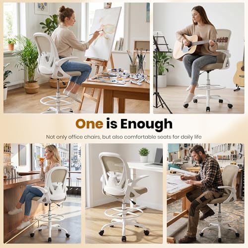 Drafting Chair Tall Office Chair with Flip-up Armrests Executive Ergonomic Computer Standing Desk Chair with Lumbar Support and Adjustable Footrest Ring（Khaki） - color: Khaki, size: 934-Z