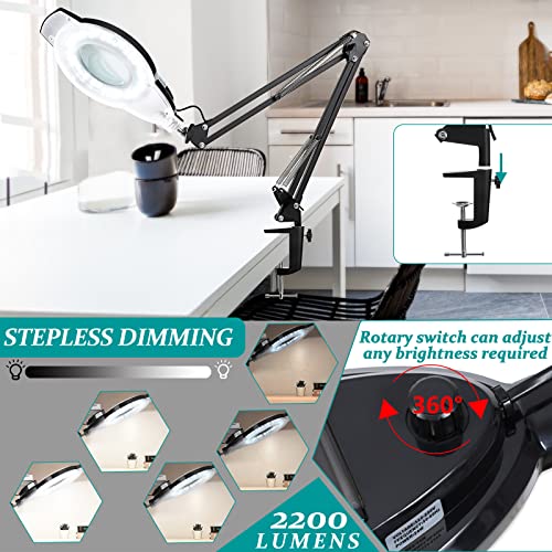 10X & 2200 Lumens Magnifying Glass with Light and Clamp, Black | 144 Flicker-free LED, Stepless Dimmable, 2×14.57" Adjustable Arm Lighted Magnifier Desk Lamp for Hobby Painting Sewing Repair - color: 10x Black