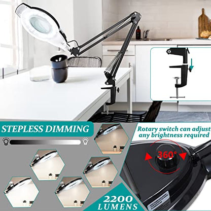 10X & 2200 Lumens Magnifying Glass with Light and Clamp, Black | 144 Flicker-free LED, Stepless Dimmable, 2×14.57" Adjustable Arm Lighted Magnifier Desk Lamp for Hobby Painting Sewing Repair - color: 10x Black