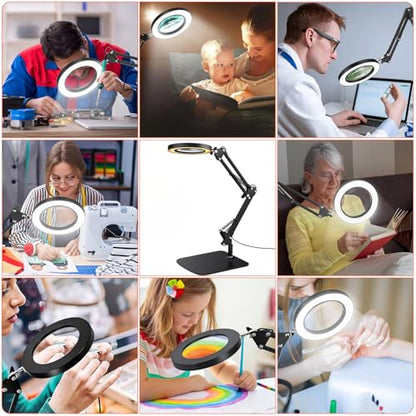 15X Magnifying Glass with Light – Real Glass Lens, 72 LEDs, 3 Color Modes Stepless Dimmable, Adjustable Swing Arm with Clamp and Base, Hands-Free Magnifier for Crafts, Reading, Repair, Close Work