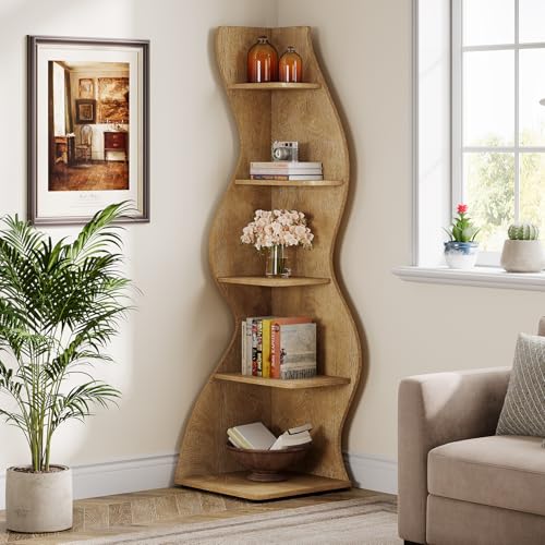Tribesigns Wavy Corner Shelf, Modern 5-Tier Bookshelf Bookcase with Curvy Shape, Unique Plant Stand Display Rack for Living Room Small Space (Light Brown) - color: Light Brown