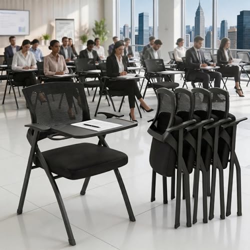 Folding Chair with Desk Attached & Cup Holder- Foldable Arm Chair for Training & Classroom - Conference Room Mesh Back Guest Chair with Padded Seat- Portable Flip-Top Desk Chair for Office Meeting - color: With Writing Tablet