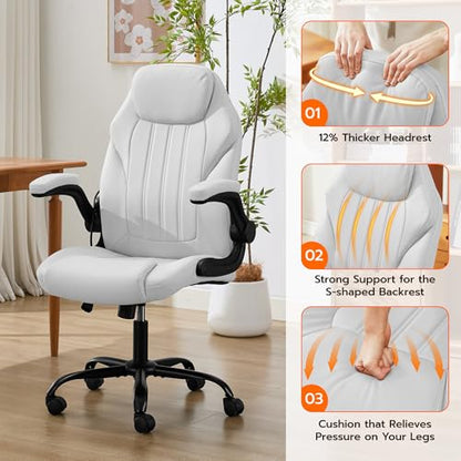 Ylzyxal Office Desk Chair, Ergonomic Computer Chair with Padded Flip-Up Arms and Adjustable Lumbar Support, PU Leather Executive Chair with Tilt Lock and 360° Swivel Rolling Wheels for Work, Study - color: White