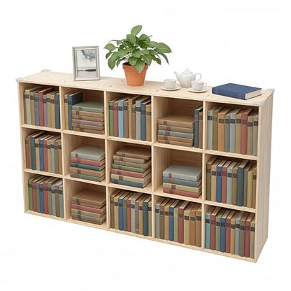 15 Cube Storage Organizer, Solid Wood Bookshelf with Back Panel, Floor Standing Open Bookcase, Vertical or Horizontal Shelf Unit for Living Room Office (59.1" L x 11.8" W x 35.4" H) - size: 15-Cube