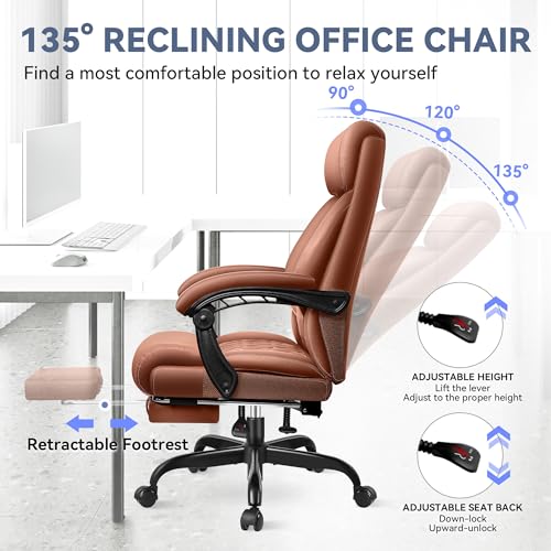Office Chair, Big and Tall Office Desk Chair, Reclining Office Chair with Footrest Home Office Desk Chairs, High Back Ergonomic with Lumbar Support, Executive Leather - color: Brown, style: With Footrest