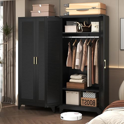 Steeloong 71"Armoire Wardrobe Close,Black Wardrobe Cabinet with Hanging Rod | Metal Closet Cabinet with Doors and Adjustable Shelves,Freestanding Clothing Storage Cabinets for Bedroom Office,Gym,Hospital - color: Black, style: 71"H Wardrobe