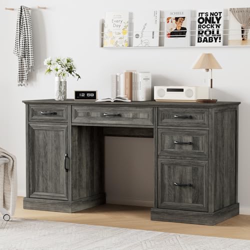 Tradare 58" Farmhouse Executive Desk, Wood Home Office Desk with Drawers & File Cabinet, Embossed Texture Storage Organizer Computer Desk for Working, Studying, Writing, Gray