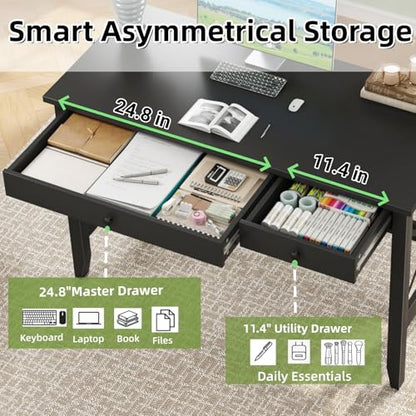 JSB 43.3 Inch Black Computer Desk with 2 Drawers for Home Office Bedroom - color: Black, size: 43.3 inch
