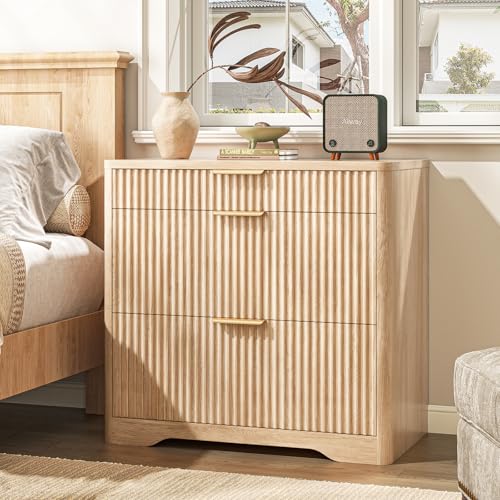 Lateral File Cabinet with 3 Drawers, Natural Oak Fluted Filing Cabinet | Fluted File Cabinet for Letter/Legal/A4 Size Hanging Files, Large Wood File Storage Cabinets Printer Stand for Home Office