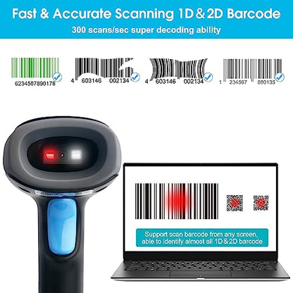 Sumicor Bluetooth Wireless Barcode Scanner with Stand, Handfrees Automatic Scanning & Manual Trigger Hand Barcode Scanner Gun, 1D 2D QR Code DM Scanner Work with Smart Phone, Tablet, PC
