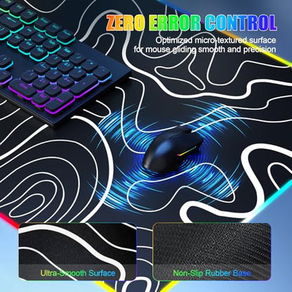 Mouse Pad with Phone Holder, Wireless Charging Desk Mat, RGB Gaming Mousepad Home Office Large Desk Pad with Ultra-Smooth Surface, Non-Slip Base, Waterproof Keyboard Pad,Topographic Black - color: 31.5x15.75"Phone Stand-Topographic