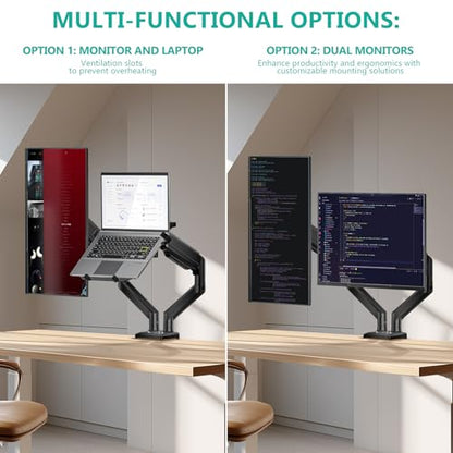 WALI Laptop Desk Mount, Dual Monitor Arm with Laptop Holder, Adjustable Height Laptop Arm Mount for Desk, Fits 17” Notebook and 32” Monitors, Up to 22Lbs (GSMP002LP), Black | Dual Monitor Arm with Laptop Holder, Adjustable Height Laptop Arm mount for Desk