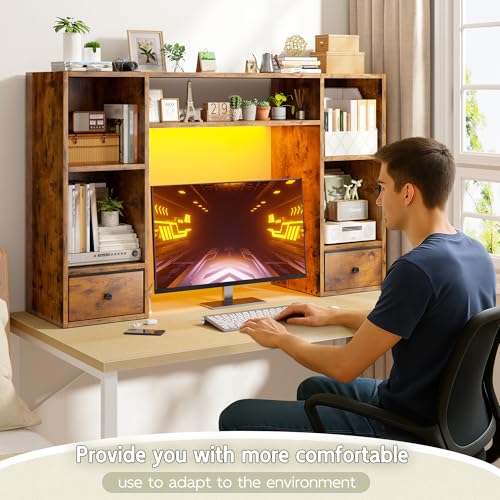 REIBII 47.2" Desktop Bookshelf, 6 Shelves & 2 Drawers, LED Lights, Brown - color: Rustic Brown