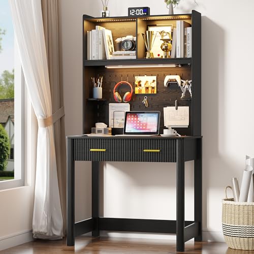 Vlsrka Small Study Desk with Drawers and Reading Lights for Compact Space | 31.5" Fluted Computer Desk with Hutch, Writing Desk with Storage and Charging Station for Teen Bedroom, Study Room, Black - color: Black-1, size: 31.5 Inches