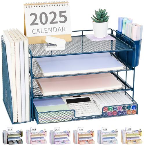 Desk Organizer, 4-Tier Desktop File Organizer with Drawer and Pen Holders, Office Desk Accessories, File Sorters, Workspace Organizers for Office Supplies(Dark Blue) - color: Dark Blue, size: 4T