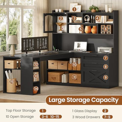 SEDETA 61" Farmhouse L Shaped Gaming Desk with Drawers, Bookshelf Storage - color: Black, size: 61 inches
