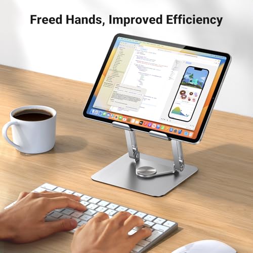 UGREEN Tablet Stand Holder for Desk with 360° Rotating Base Aluminum Dual Rod Support Adjustable Home Office Accessories Compatible with iPad Pro 13 12 11 Air Mini 5 4 3 Phone E-Reader Silver
