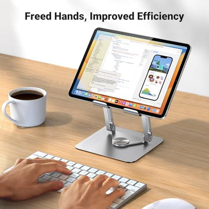 UGREEN Tablet Stand Holder for Desk with 360° Rotating Base Aluminum Dual Rod Support Adjustable Home Office Accessories Compatible with iPad Pro 13 12 11 Air Mini 5 4 3 Phone E-Reader Silver