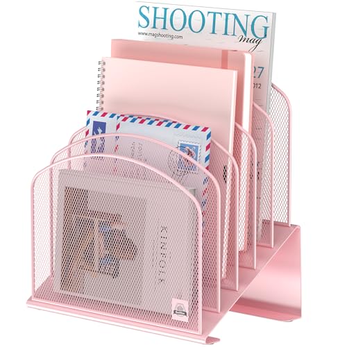 Delifox Inclined Desk File Organizer,Vertical File Folder Holder Stand Metal Rack File Sorter for Office Classroom Desktop Organization (1, Pink, 5) - color: Pink, size: 1Pack