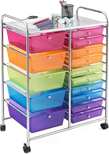 COSTWAY 15 Drawer Rolling Storage Cart, Mobile Utility Cart with Lockable Wheels, Drawers, Multipurpose Organizer Cart for Home, Office, School, Rainbow - color: Rainbow