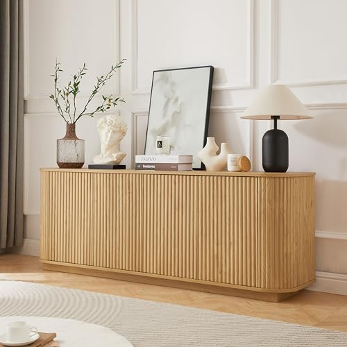 64" Buffet Sideboard Cabinet with Storage, Modern Fluted Accent Credenza with Adjustable Shelves, Wood TV Console Stand 4 Doors for Office Living Room Hallway Kitchen, Natural - color: Natural-4 Doors