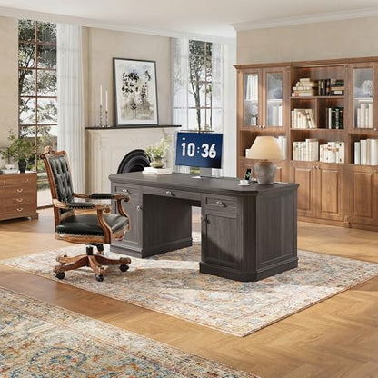 59" Classic Executive Desk with Storage, Victorian Executive Desk with Charging Station, Keyboard Tray, 3 Drawers & 2 Cabinet Storage & 2 Pedestals, Easy Assembly, Black - color: Black