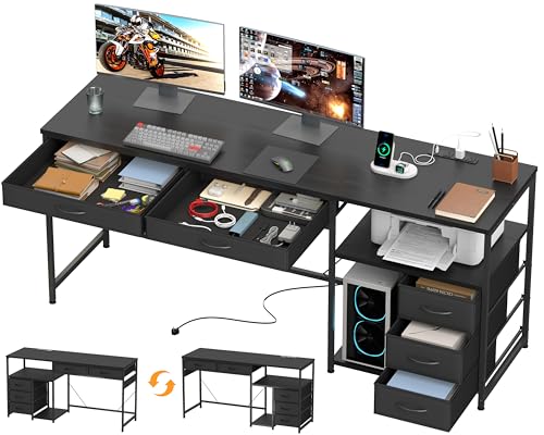 60" Computer Desk with 5 Fabric Drawers, Gaming Desk Table | Desk with Storage and Power Outlets, for Adults and Teenagers Working Writing Study, Black - color: Black, size: 18.9"D x 60"W x 30.7"H