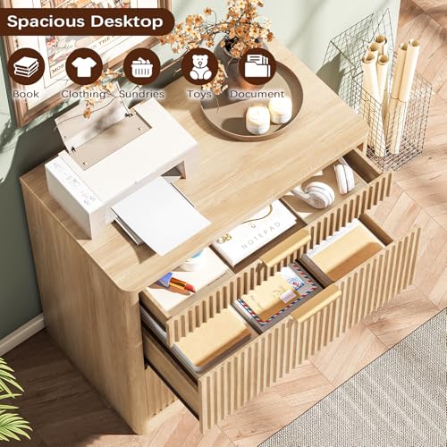 Lateral File Cabinet with 3 Drawers, Natural Oak Fluted Filing Cabinet | Fluted File Cabinet for Letter/Legal/A4 Size Hanging Files, Large Wood File Storage Cabinets Printer Stand for Home Office
