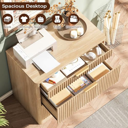Lateral File Cabinet with 3 Drawers, Natural Oak Fluted Filing Cabinet | Fluted File Cabinet for Letter/Legal/A4 Size Hanging Files, Large Wood File Storage Cabinets Printer Stand for Home Office