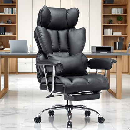 Efomao Big and Tall Office Chair with Foot Rest 400LBS, PU Leather Computer Chair, Heavy Duty Executive Office Chair with Lumbar Support, Black Home Office Chairs | 400lbs support, 135° recline, dual-layer foam cushion, 23.5" seat & footrest. BIFMA - colo