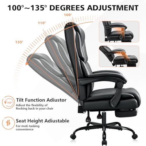 WAILOR 400lbs Office Chair with Foot Rest, Reclining Big and Tall Office Chair with Lumbar Support Spring Cushion, High Back PU Leather Computer Chair,Comfy Desk Chair for Home Office - color: Black