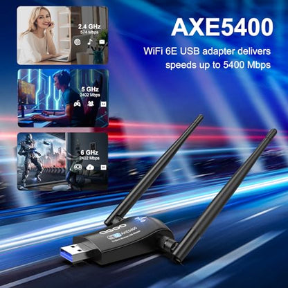 Tri-Band WiFi 6E Adapter for Desktop PC: QGOO USB 3.0 Axe 5400 Wireless Network Receiver/Dongle with 5dBi Dual Antennas, WiFi Card/Stick 6G/5G/2.4G for Laptop Computer Only Compatible Windows 11/10 - size: AXE-5400
