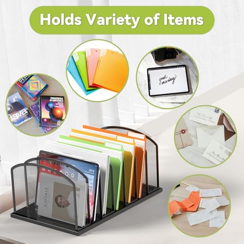 MINDEPOT Desk File Organizer 7 Sections Upright Mesh File Sorter Organizer for Desk, Office Organization File Holder for Home, Office & Classroom (Black, 1Pack)