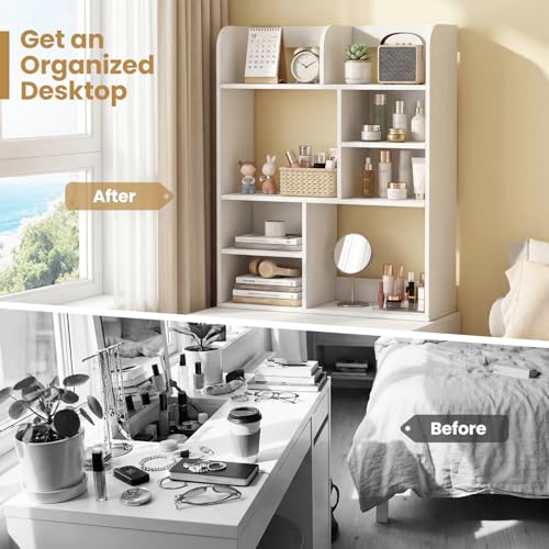 Tangkula Desktop Bookshelf, 5-Tier Desktop Display Rack with 4 Open Shelves & 4 Cubes, Modern Tabletop Bookcase Organizer for Computer Desk, Countertop Storage Hutch for Home Office Dorm (White) - size: 23.5" x 9" x 31.5"